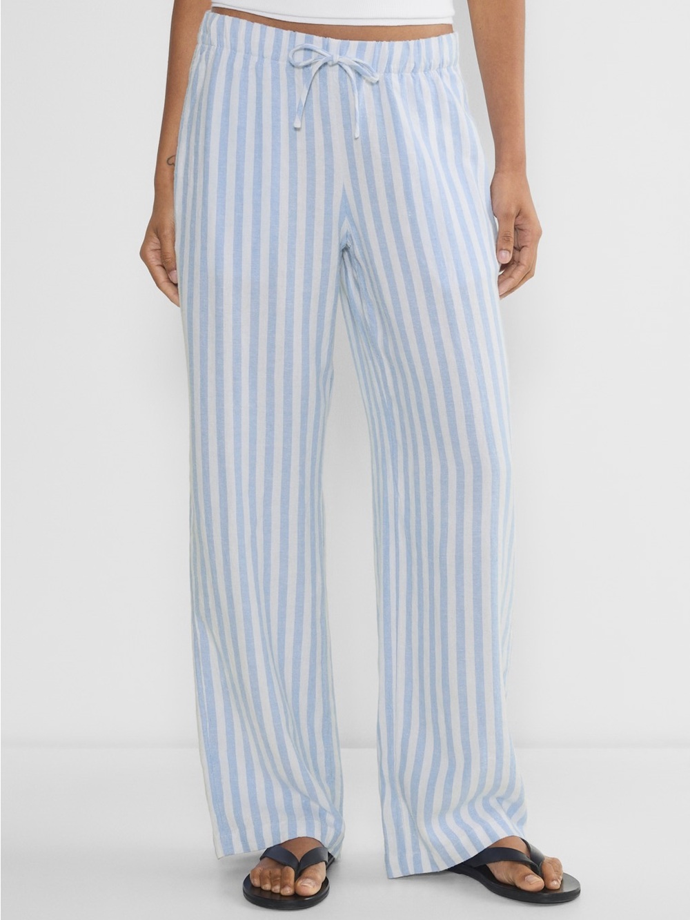 Aritzia Babaton Sontag Linen Wide Leg Pant S Blue Stripe Quiet Luxury - Picture 2 of 9
